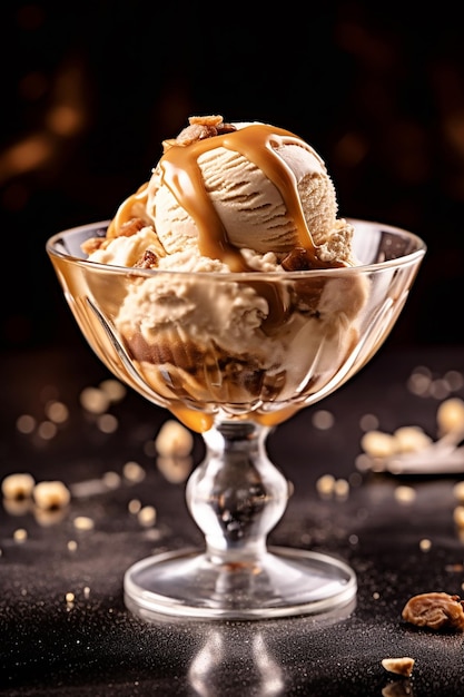 Стеклянная чаша мороженого с карамельным соусом и грецкими орехами на темном фоне