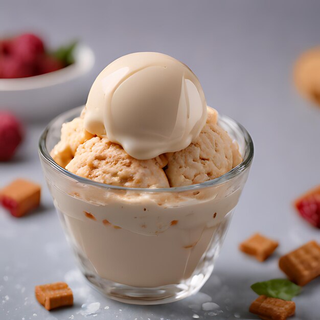 a glass bowl of ice cream with a few cubes of kiwi on top