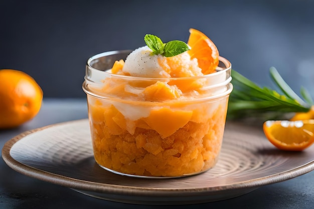 a glass bowl of ice cream with a mint leaf on top.