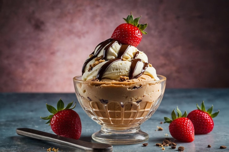 Photo a glass bowl of ice cream with strawberries and chocolate on it