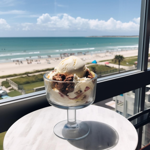 A glass bowl of ice cream with a view of the beach in the background.