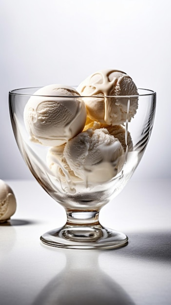 A glass bowl of ice cream with a white background