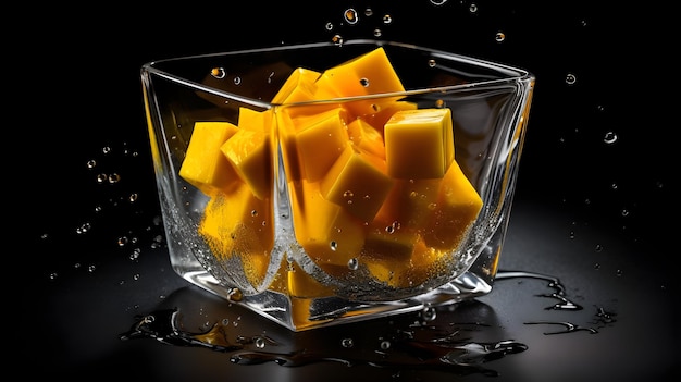 A glass bowl of mango cubes is filled with water.