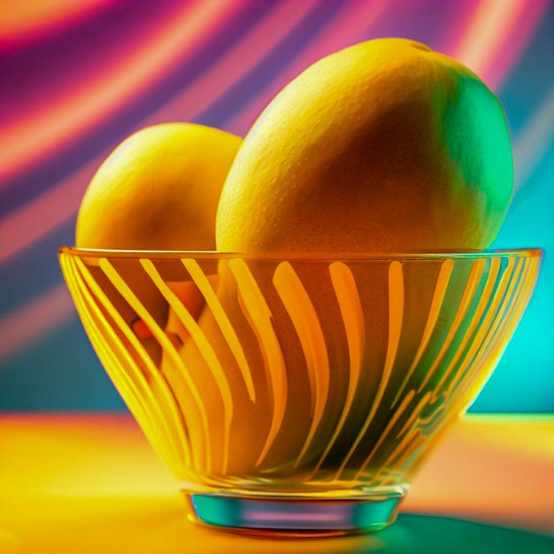 a glass bowl of mangos with colorful background