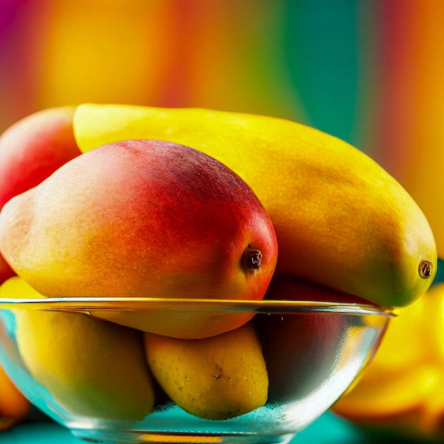 a glass bowl of mangos with colorful background