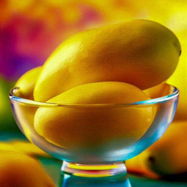 a glass bowl of mangos with colorful background