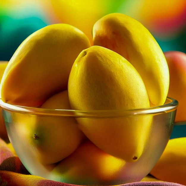 a glass bowl of mangos with colorful background