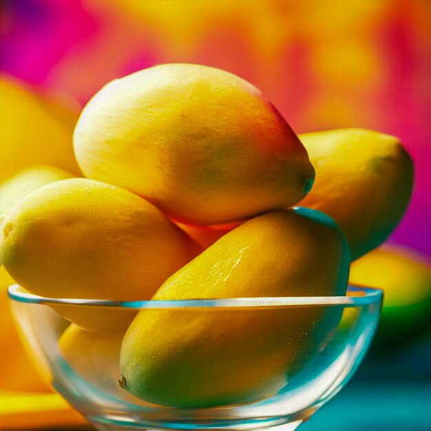 A glass bowl of mangos with colorful background