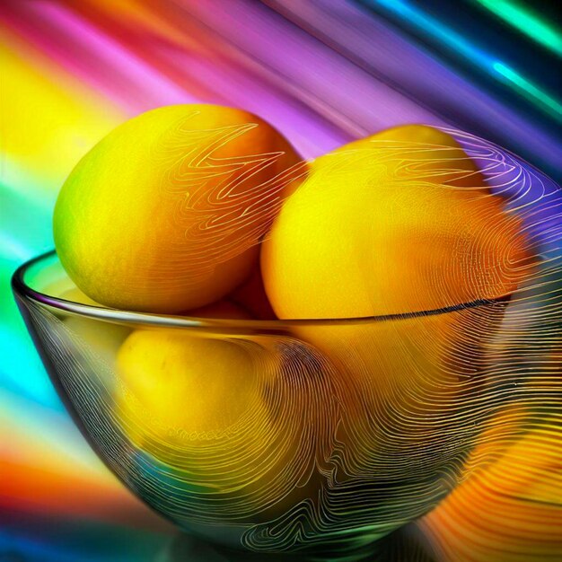 a glass bowl of mangos with colorful background