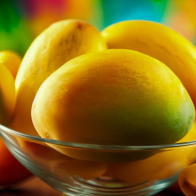 a glass bowl of mangos with colorful background