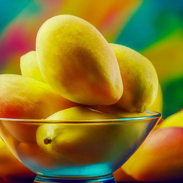 a glass bowl of mangos with colorful background