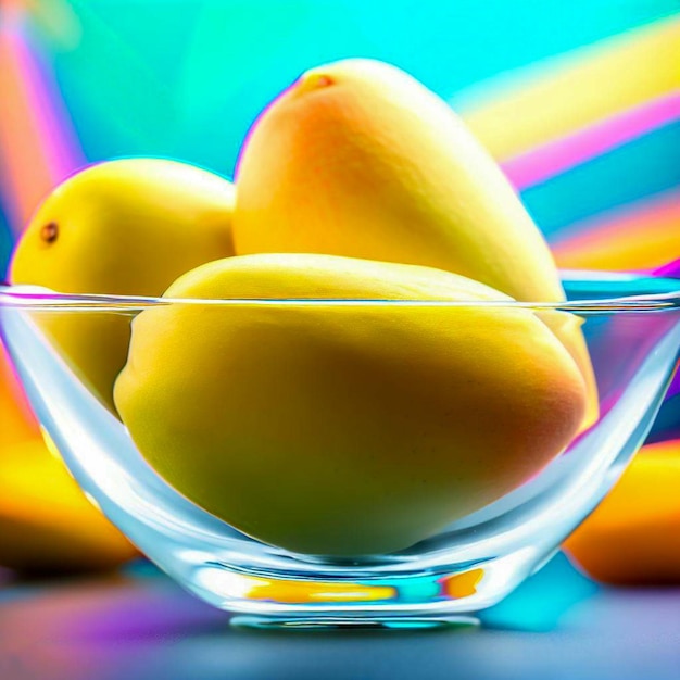 a glass bowl of mangos with colorful background