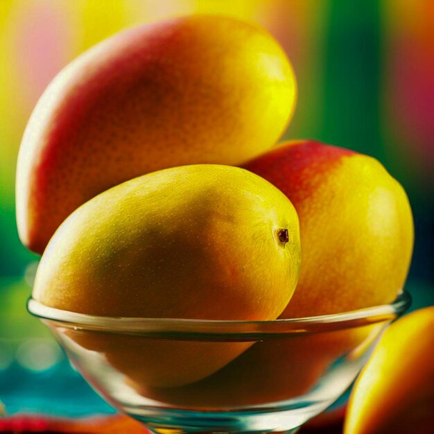 a glass bowl of mangos with colorful background