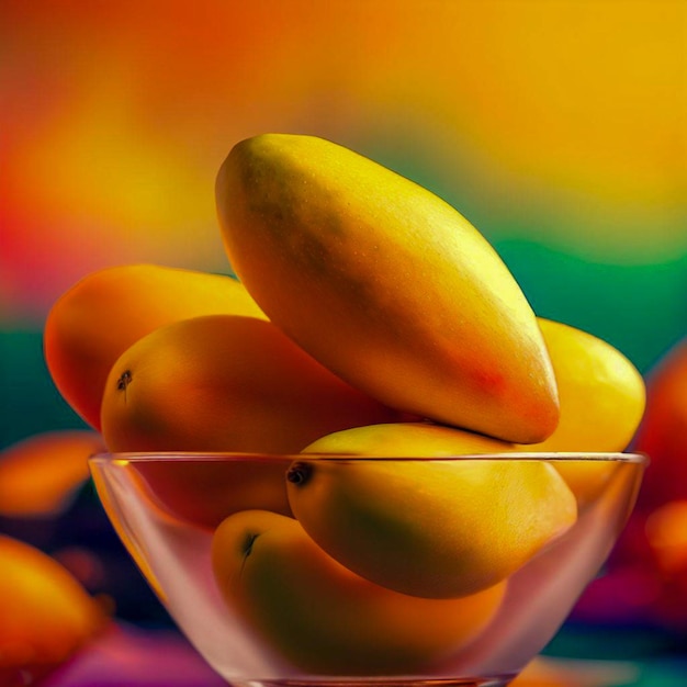 a glass bowl of mangos with colorful background