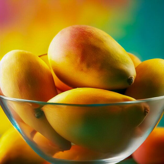 A glass bowl of mangos with colorful background