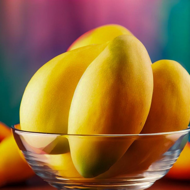 a glass bowl of mangos with colorful background