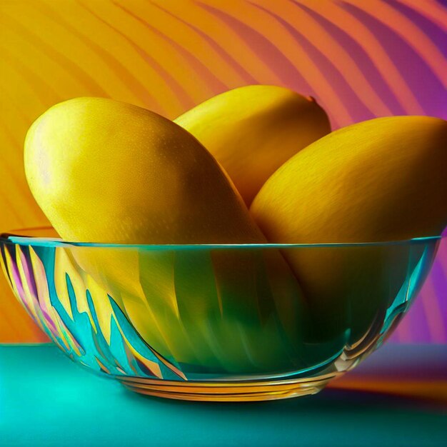 a glass bowl of mangos with colorful background