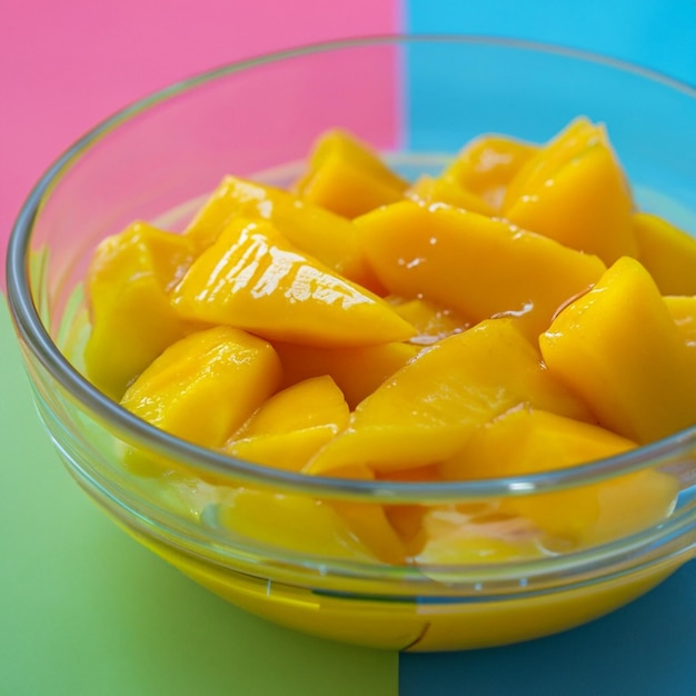 a glass bowl of mangos with lines on the bowl colorful background