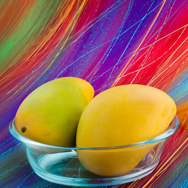 a glass bowl of mangos with lines on the bowl colorful background