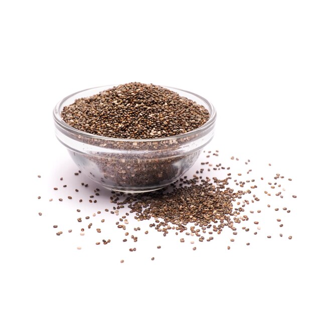 Glass bowl of organic natural chia seeds closeup isolated