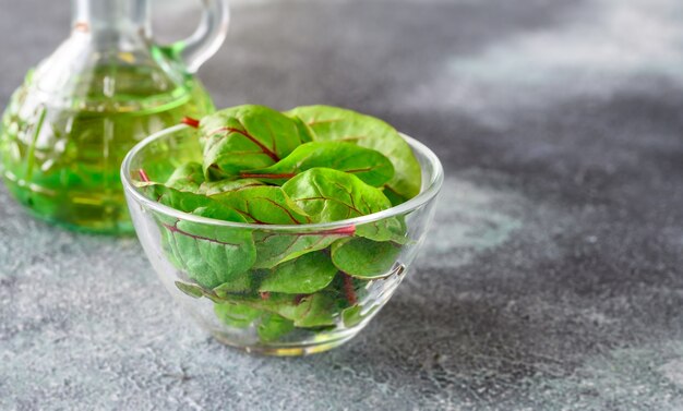 Glass bowl of red chard