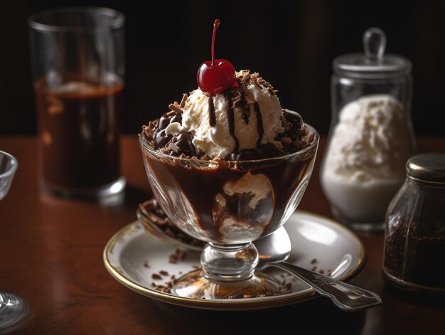 A glass bowl of sundae with a cherry on top.