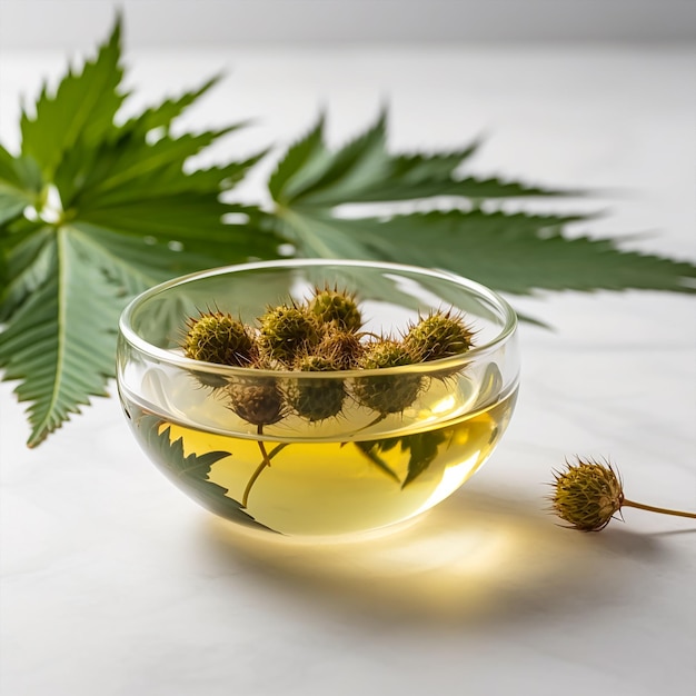 A glass bowl of tea with a leaf of the plant in it