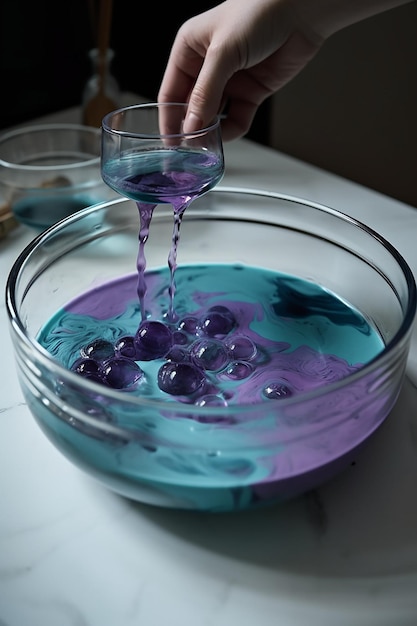 A glass bowl with blue liquid and the word blue on it.