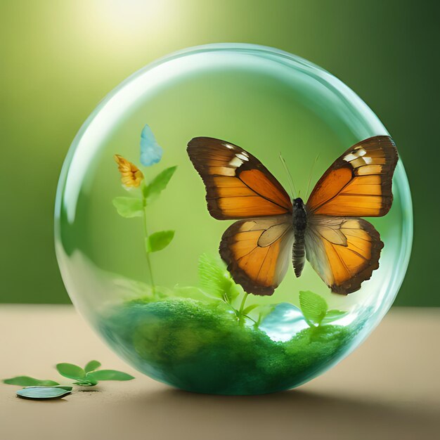 Photo a glass bowl with a butterfly and leaves in it