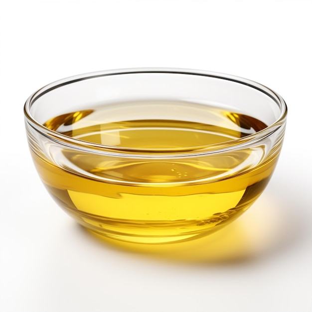 Glass bowl with cooking oil on white background