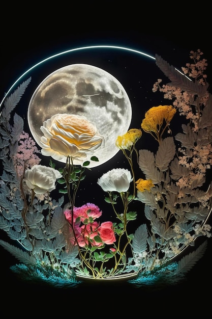 Glass bowl with flowers and a full moon in the background generative ai