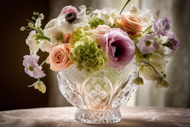 A glass bowl with flowers on it and a heart shaped design on the bottom.