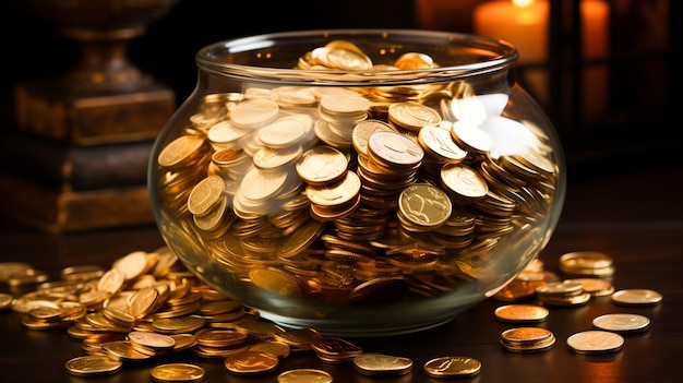 A glass bowl with gold coins inside and a gold bowl