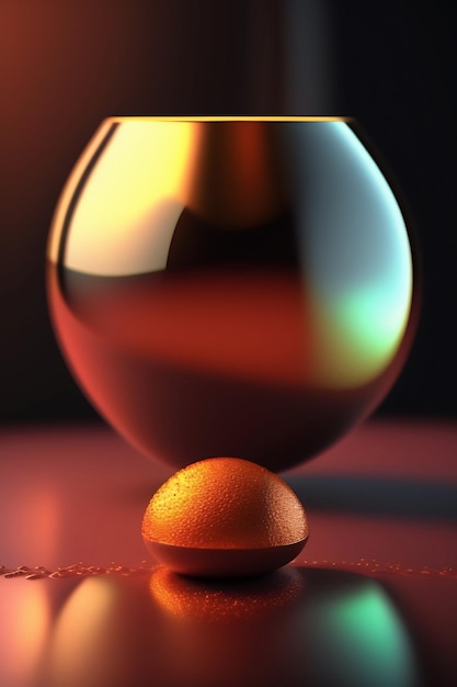 Стеклянная чаша с золотой крышкой стоит на красной поверхности.