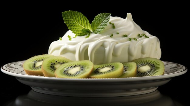 Glass bowl with homemade yogurt ice cream with milk and sugar whipped with kiwi fruit