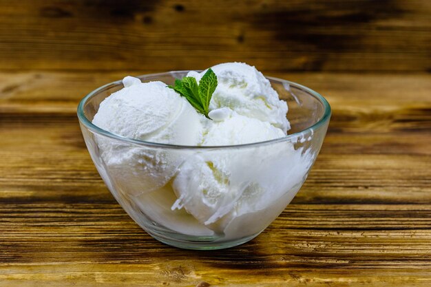 Glass bowl with ice cream balls and mint leaf on a wooden table