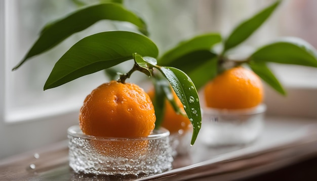 Photo a glass bowl with oranges in it and a leaf on the left