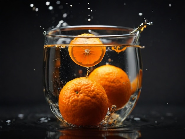 a glass bowl with oranges in it and water splashing around them