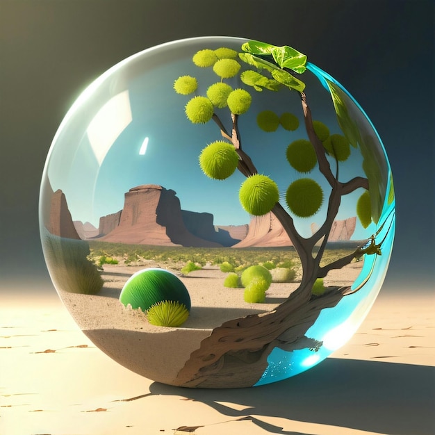 A glass bowl with a tree inside of it and a desert landscape in the background.