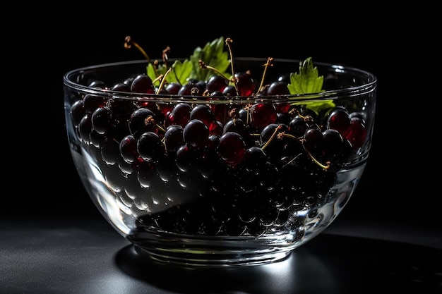 Glass bowl with vibrant dark currants on dark background AI generated