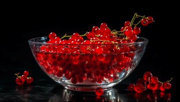 Glass bowl with vibrant red currants on dark background AI generated