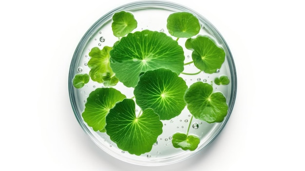 A glass bowl with water and leaves of a plant.