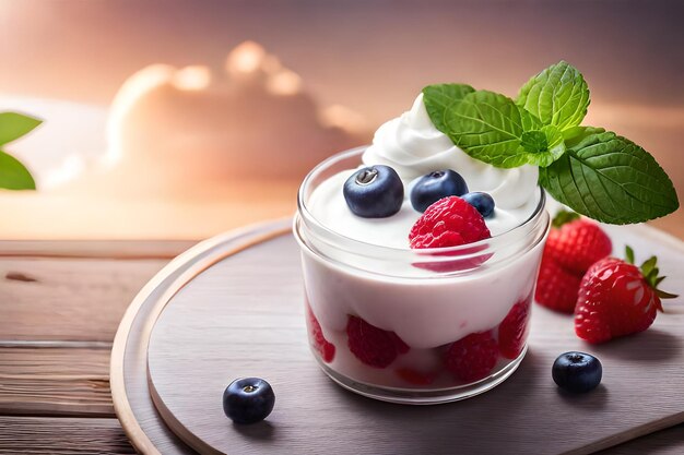 A glass bowl of yogurt with berries and a sunset in the background