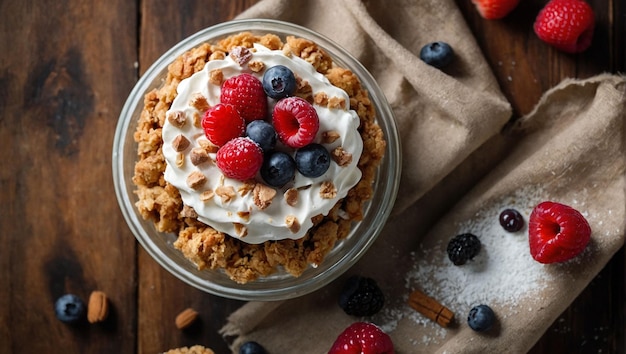 A glass bowl of yogurt with berries