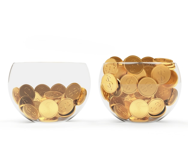 Photo glass bowls with different levels of golden coins