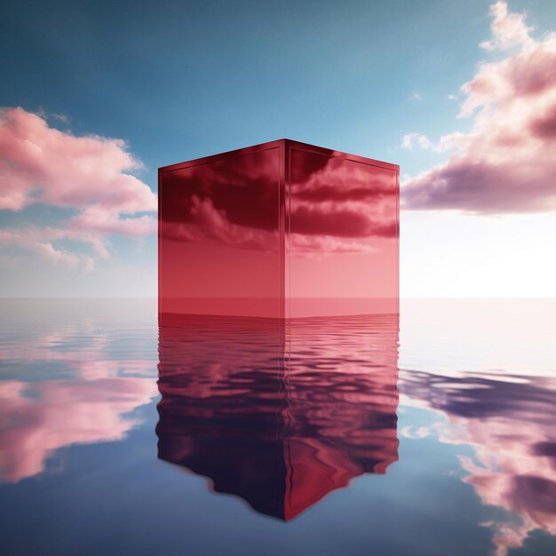 Foto una scatola di vetro galleggia nell'acqua con le nuvole su una spiaggia sullo sfondo