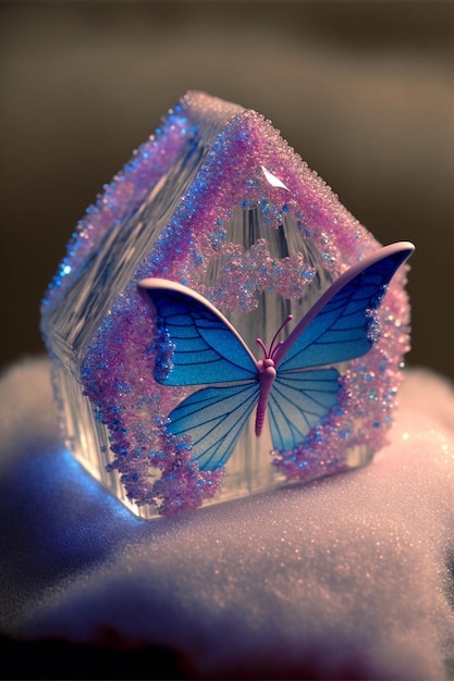 Glass box with a butterfly inside of it generative ai