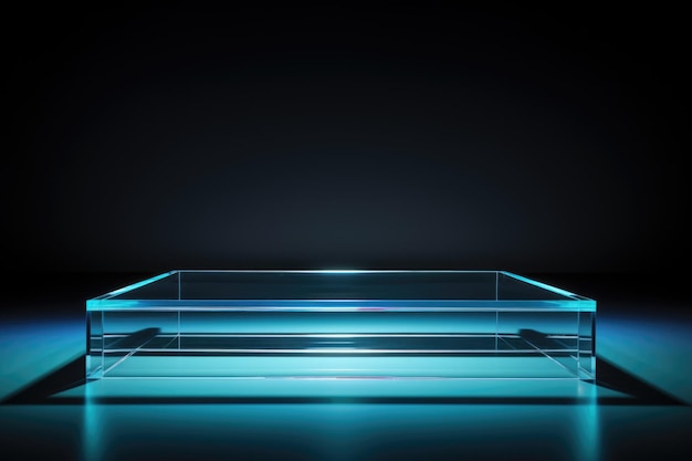 A glass box with a light on top of it transparent glass podium copyspace