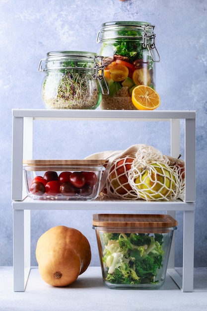 Glass boxes and cans with fresh food refrigerator storage concept decanting