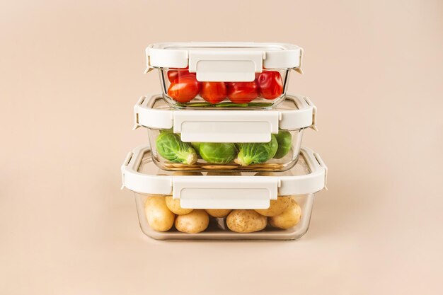 Glass boxes with fresh raw vegetables Vegetables and fruits in glass containers Food storage concept
